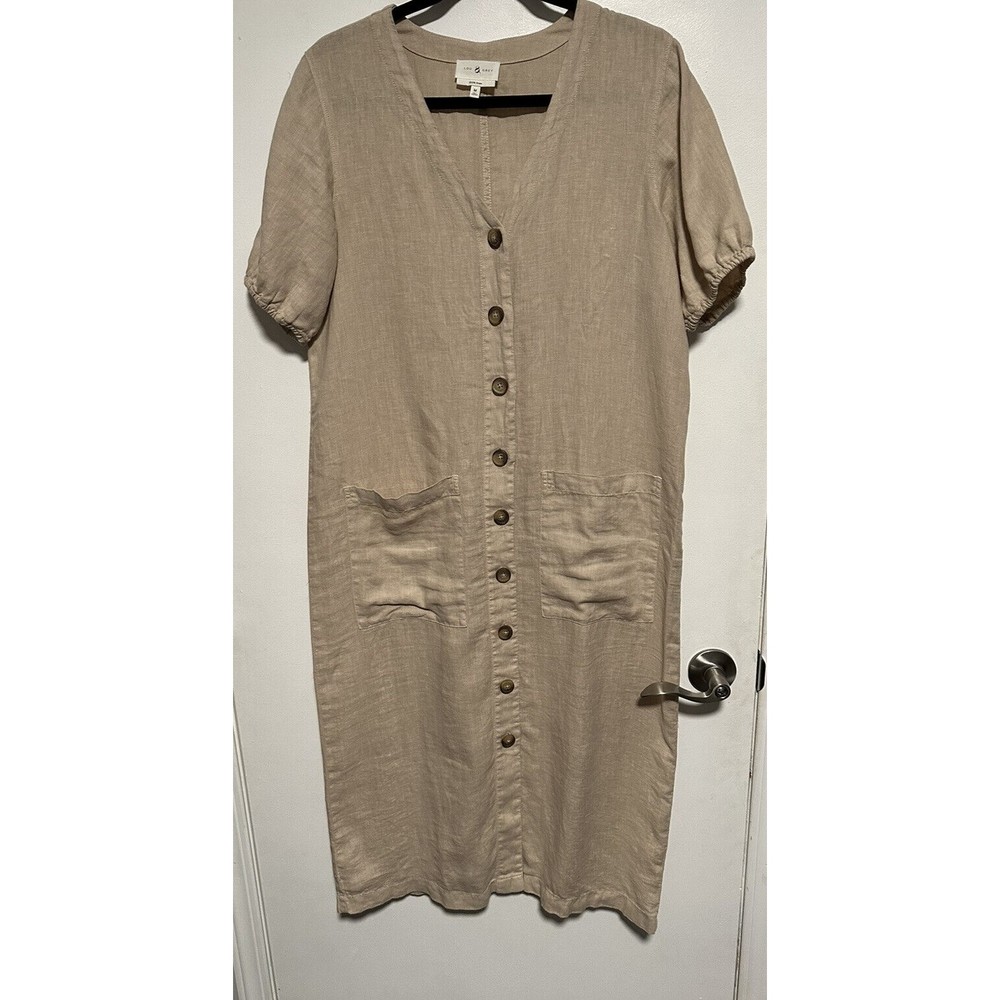 lou & grey 100% linen MIDI Dress button up shift sz M Pockets